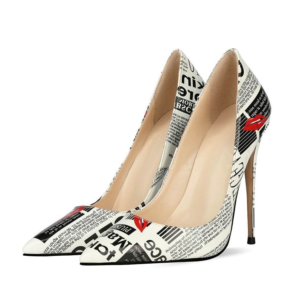 Graffiti Newsprint Stilettos - Old World Print Heels ladys foot wear Distinguished Fine Apparel