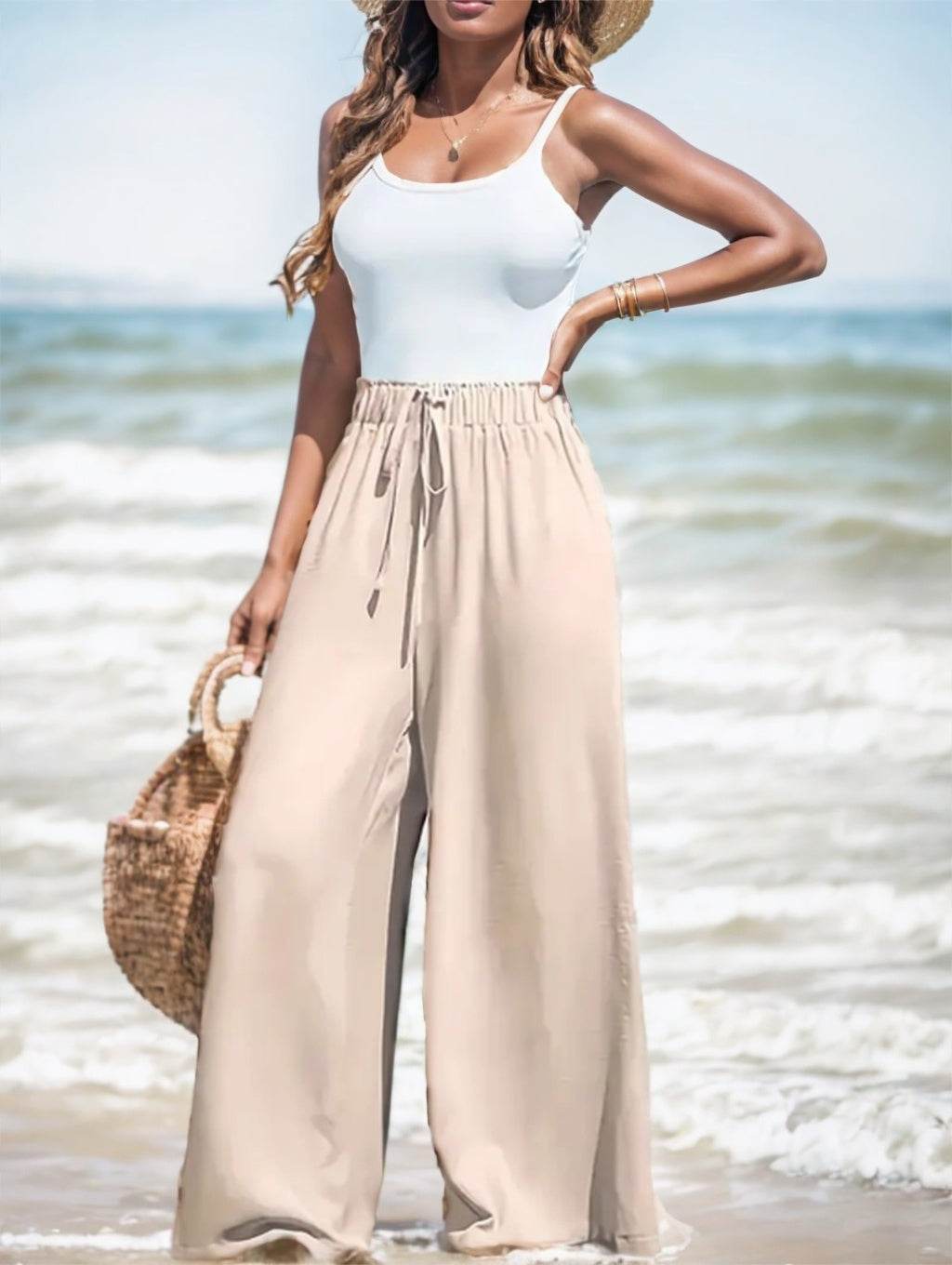 Elegant Women's Comfortable And Breathable High-waisted Wide Leg Pants ladys pants Distinguished Fine Apparel Apricot 2XL