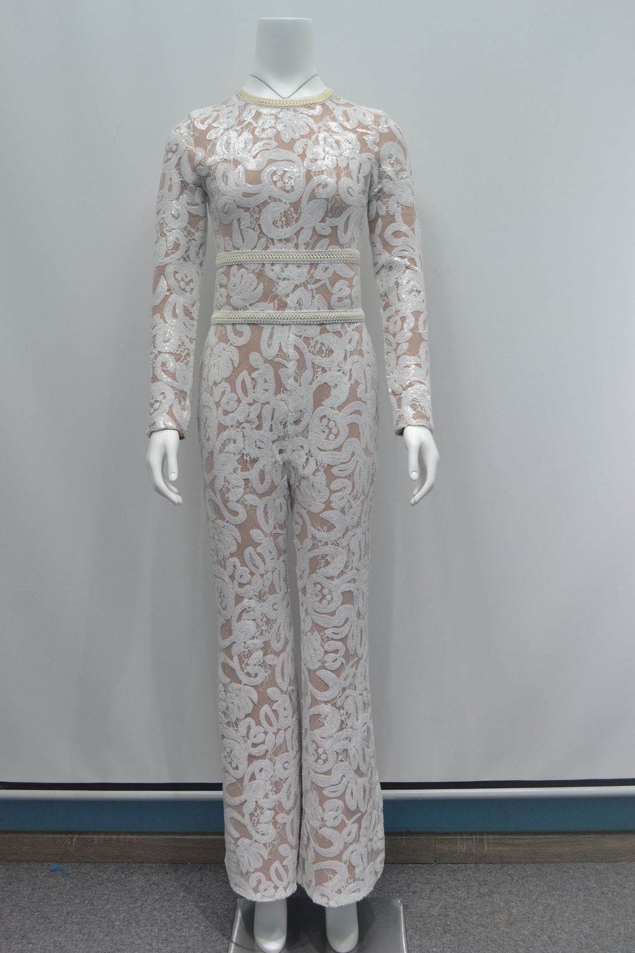 Elegant Ladies One Piece Embossed lace Suit - Flared Boot Leg - Exquisite ladys suit Distinguished Fine Apparel White XS