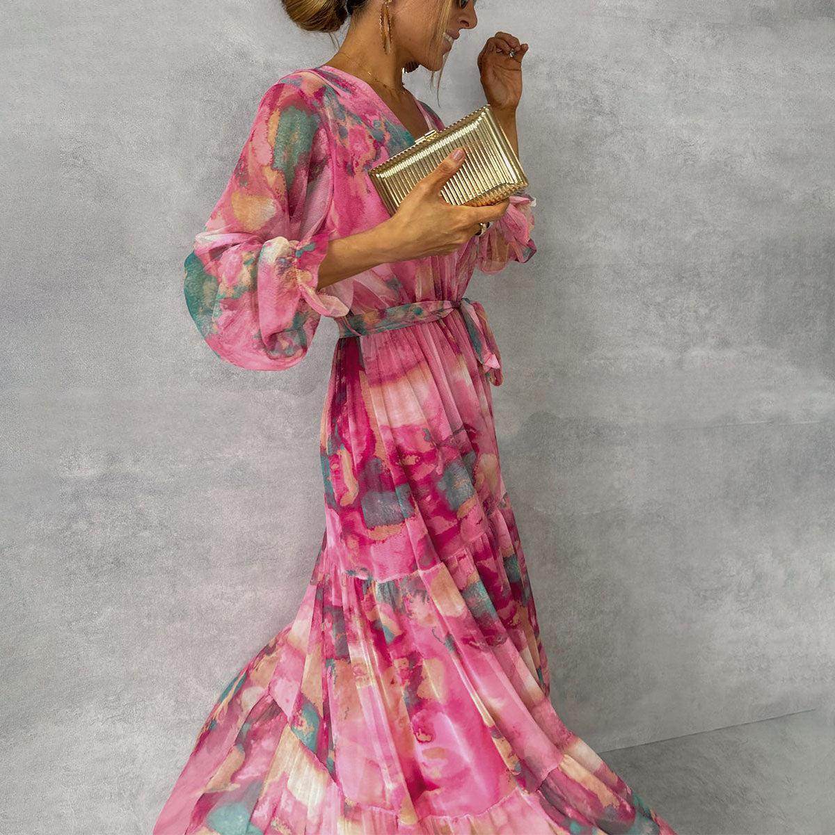 Ladies Floral Print Chiffon Maxi Dress - Elegant Pleated Gown dresses Distinguished Fine Apparel