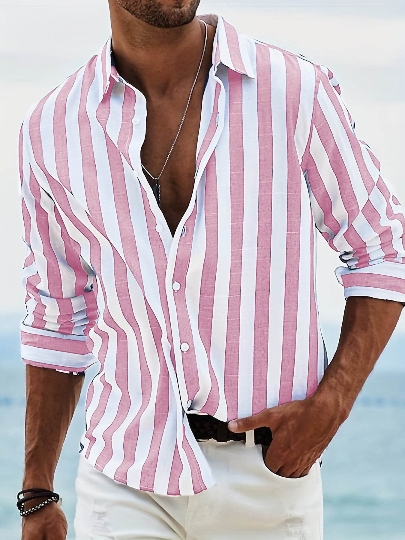 Men's Yarn-dyed Striped Casual Loose Long Sleeved Shirt Men's Shirts Distinguished Fine Apparel HDCS05 Pink 4XL