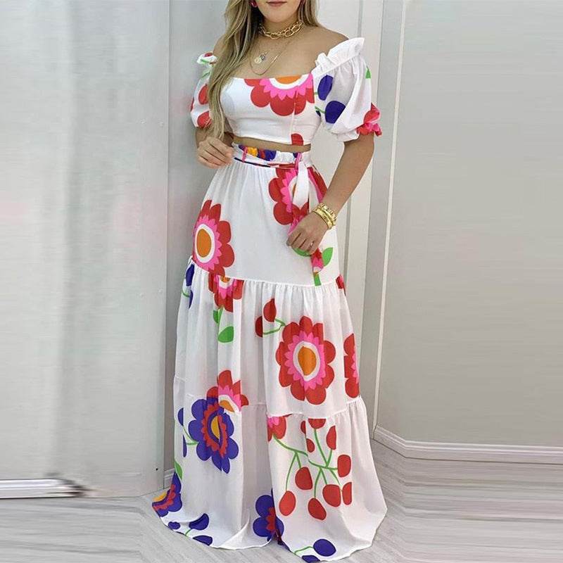 Plus Size Women's Summer Lace-up Vest - High-waisted Skirt Set ladys dresses Distinguished Fine Apparel White With Printed Pattern 2XL