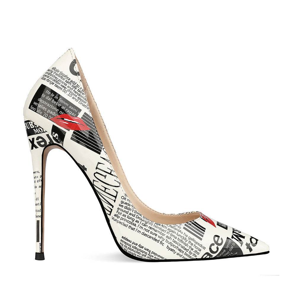 Graffiti Newsprint Stilettos - Old World Print Heels ladys foot wear Distinguished Fine Apparel