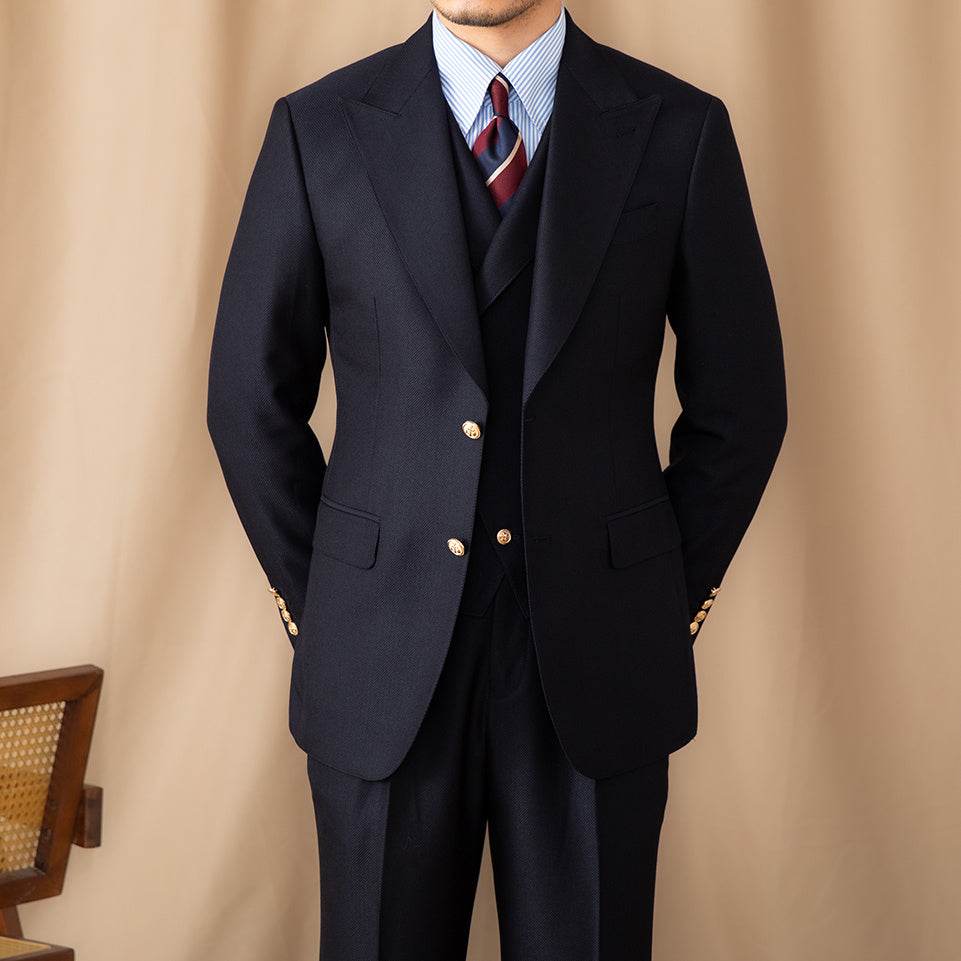 Men’s Navy Blue Slim Fit Three Piece Suit – Casual Gentleman Style with a Modern Twist gents suit Distinguished Fine Apparel