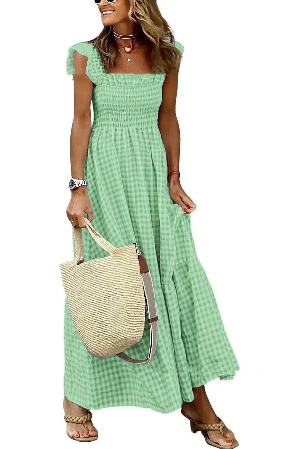 Ladies Summer Fun Classic Style Dress, Sleeveless A-line - Print Pleated and Ruffle dresses Distinguished Fine Apparel Green 2XL