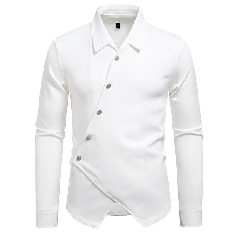 New High-end Men's Trendy Design Ruan Handsome Oblique Placket Shirt mens shirt Distinguished Fine Apparel White S