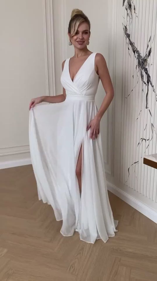 Women's Summer Sleeveless And Ankle Skirt - White - V-neck, Front Split, Long Dress ladys dresses Distinguished Fine Apparel