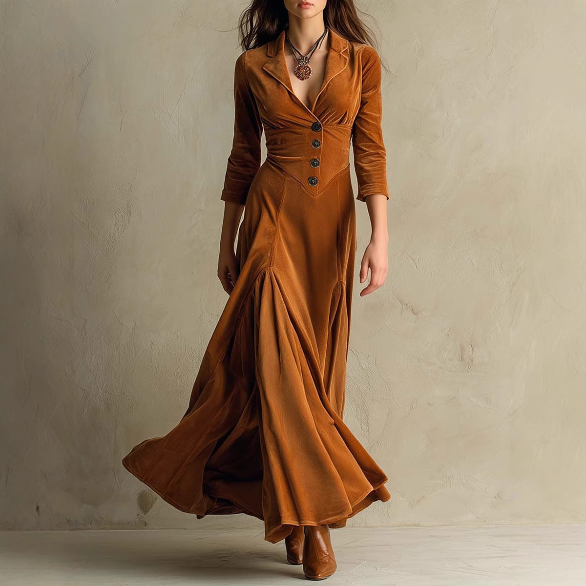 Maxi Dress - Light Brown - Buttons Lapel - 3/4 Sleeve