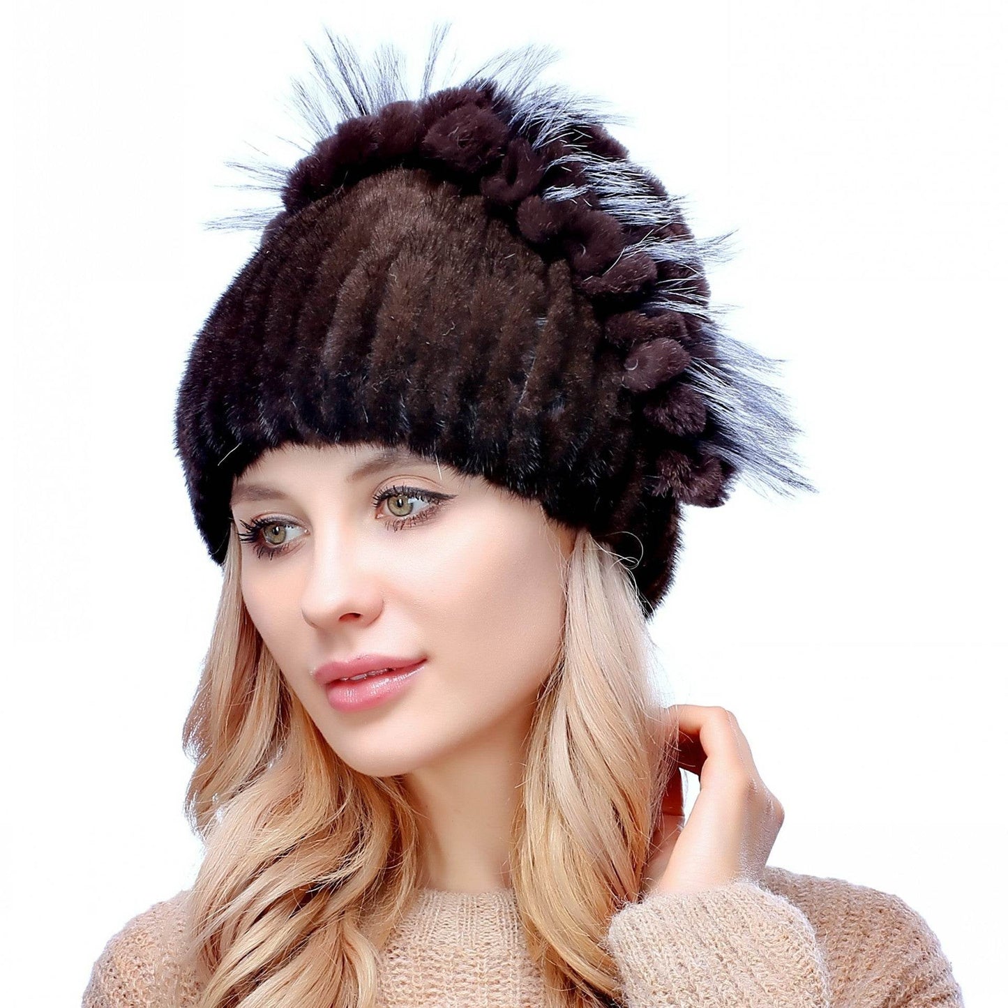 Women's Autumn And Winter Mink Woven Fox Fur Hat womens hats Distinguished Fine Apparel Brown Adjustable