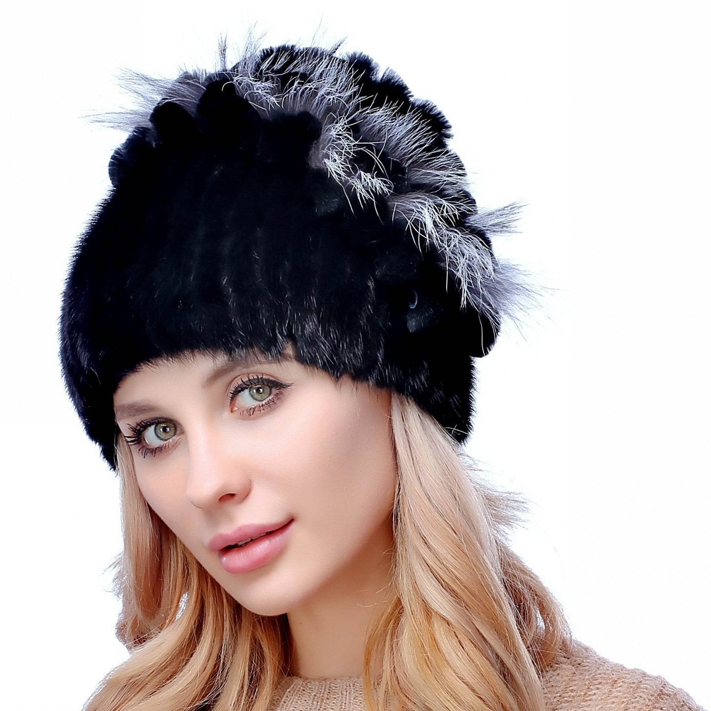 Women's Autumn And Winter Mink Woven Fox Fur Hat womens hats Distinguished Fine Apparel Black Adjustable