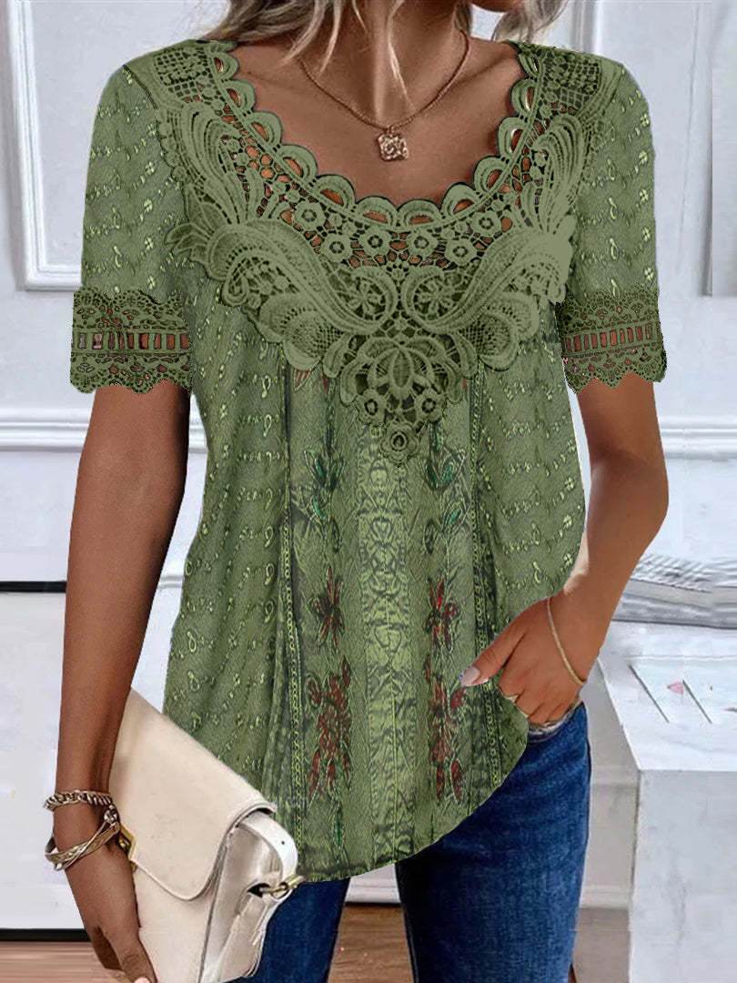 Women's Garden Collar Printed Short Sleeved Top ladys tops Distinguished Fine Apparel 06style Green S