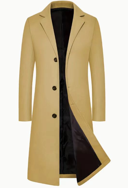 Beige overcoat with black lining on a white background