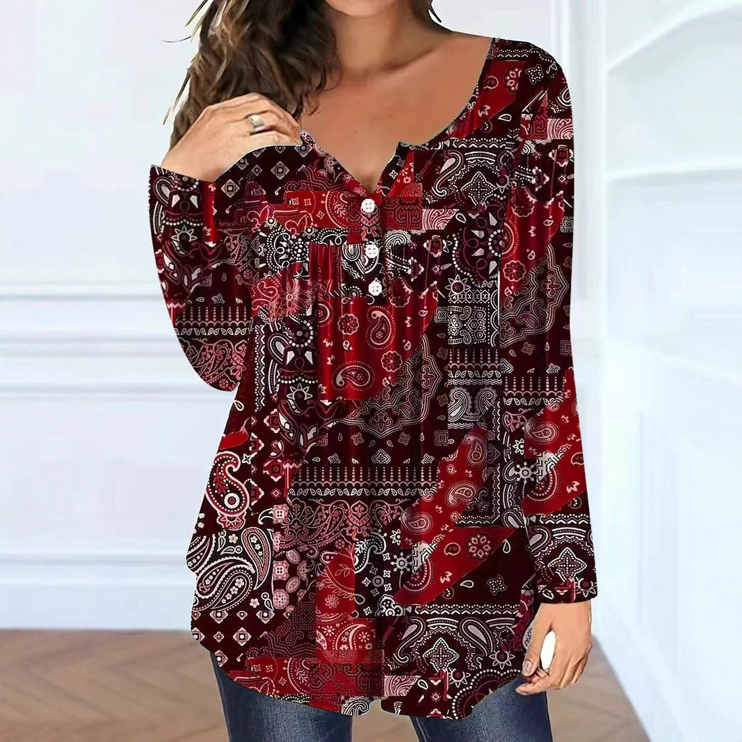 Loose-fit Buttoned V-neck Womens shirt womens shirt Distinguished Fine Apparel