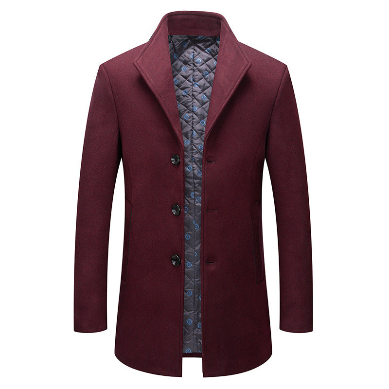 Stand-collar Cotton-lined Wrinkle-resistant Mid-length Wool Coat mens coat Distinguished Fine Apparel Wine Red S