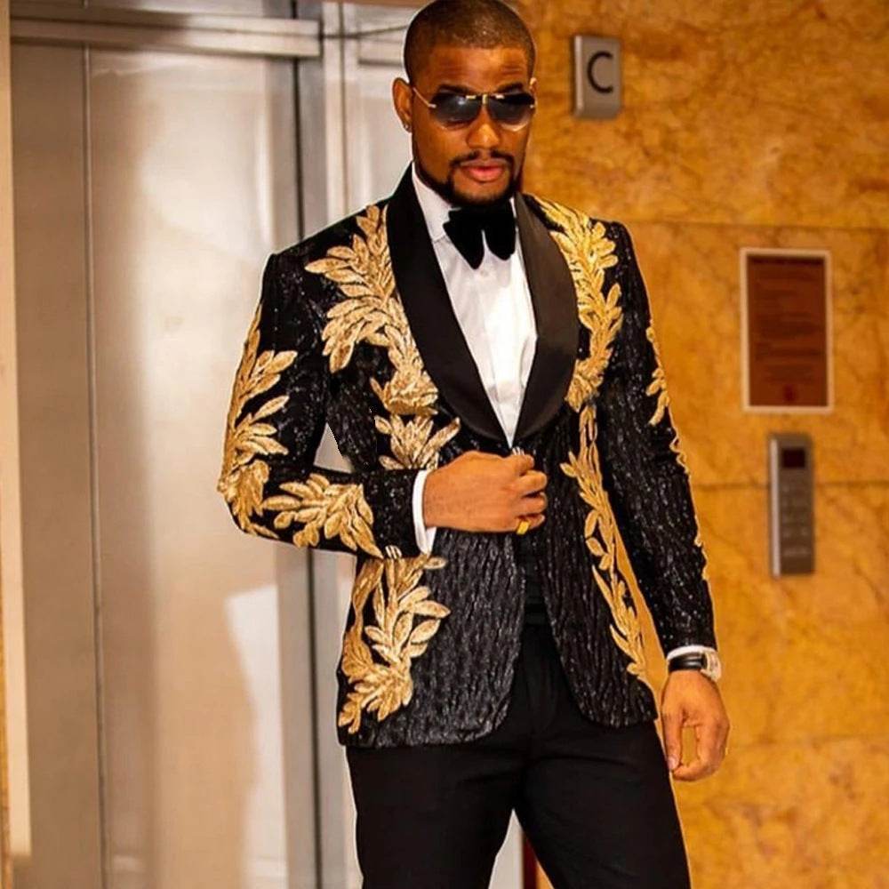 Men’s Gold Sequin Appliqué Suit Jacket – Bold Style, Spotlight Ready gents suit Distinguished Fine Apparel