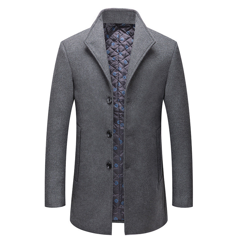 Stand-collar Cotton-lined Wrinkle-resistant Mid-length Wool Coat mens coat Distinguished Fine Apparel Gray S