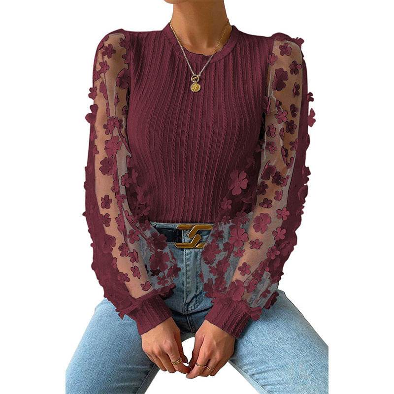 Women's Mesh Small Flower Chiffon Shirt - Summer Long Sleeve Luxury ladys shirt Distinguished Fine Apparel Red 2XL
