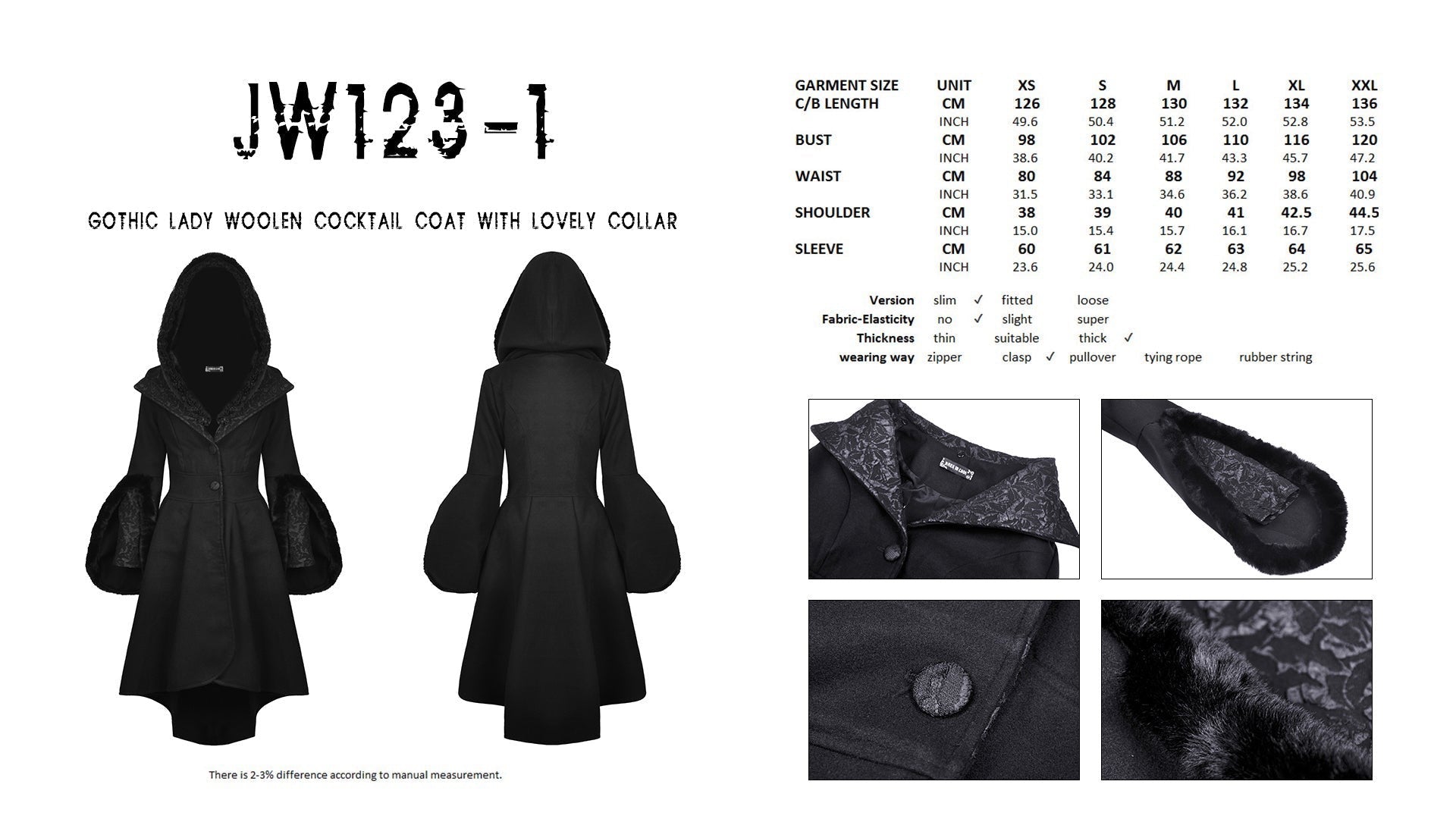 Gothic lady woolen cocktail coat with lovely collar, including measurements and fabric texture details.