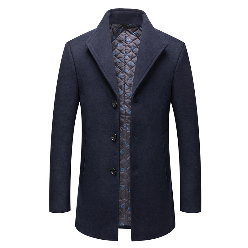 Stand-collar Cotton-lined Wrinkle-resistant Mid-length Wool Coat mens coat Distinguished Fine Apparel