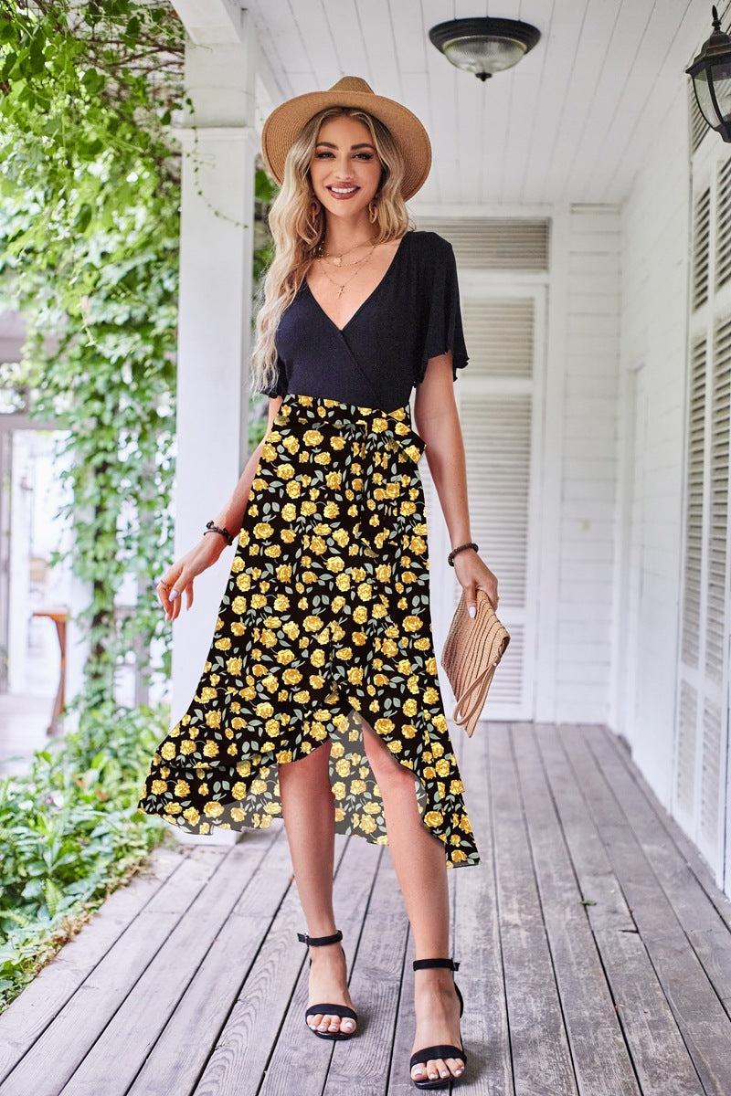 Women's Irregular Floral Dress - Short Sleeve, V-neck