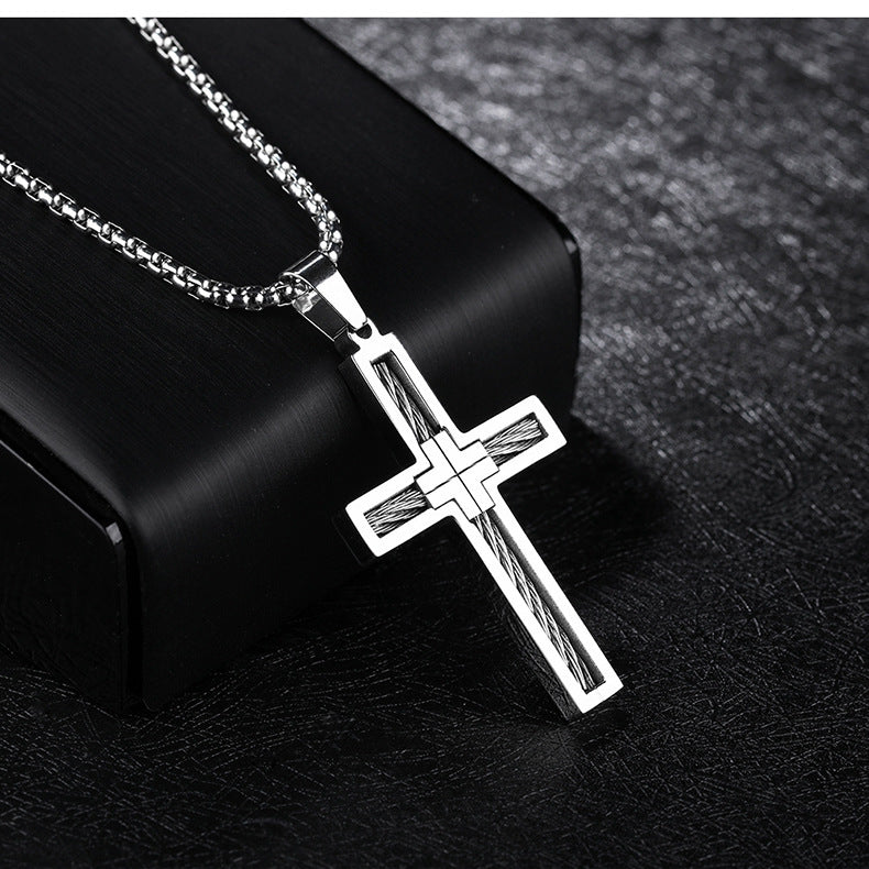 Titanium Steel Wire Cross Men's Necklace Mens Jewelry Distinguished Fine Apparel Silver with chain