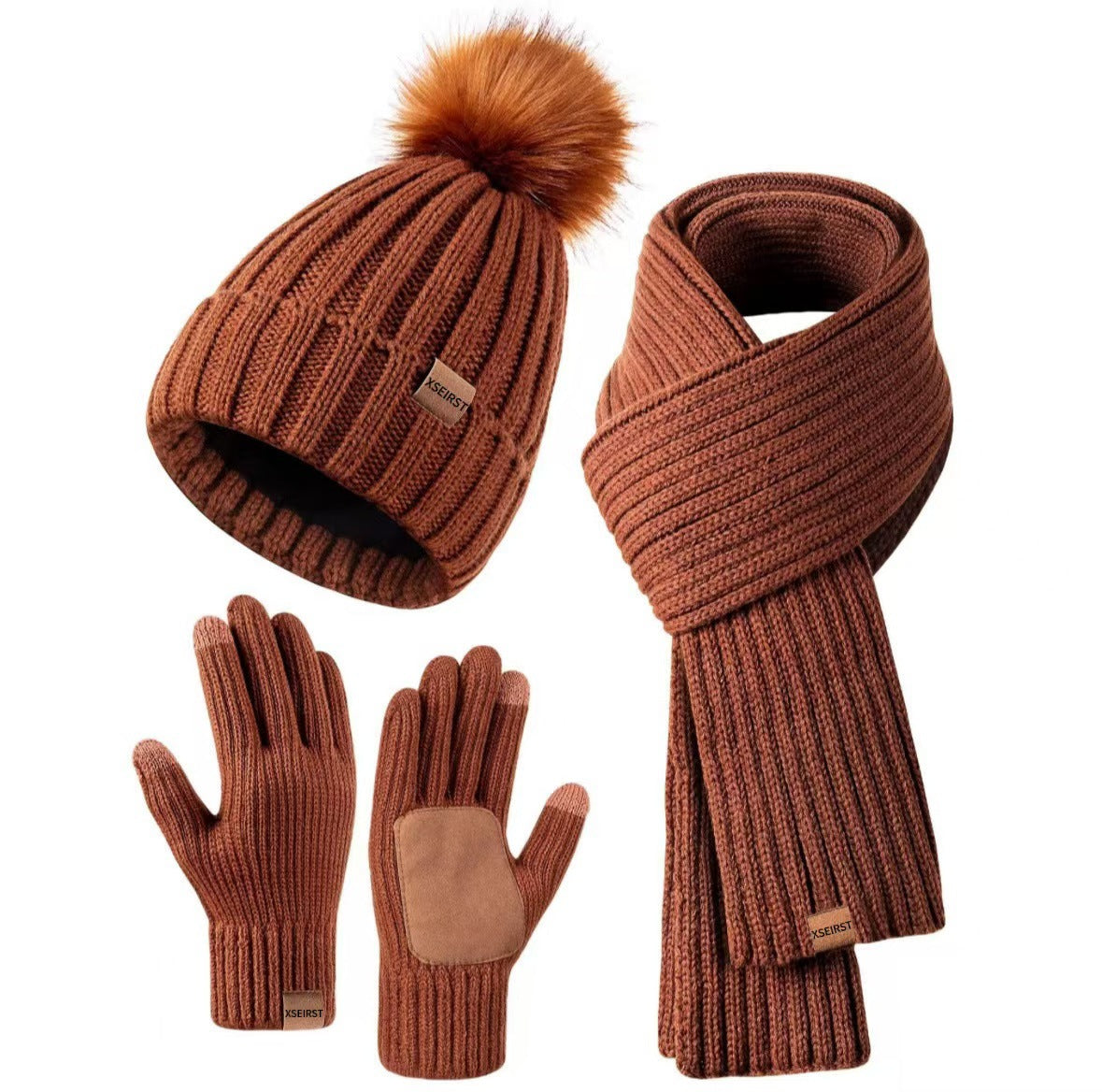 Men's And Women's Knitted Hat Scarf Gloves hat skarf gloves set Distinguished Fine Apparel Light Brown Suit