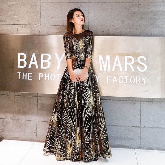 Gold Sequined Crystal Robe De Soirée – Glamorous Women's Evening Gown lady's dresses Distinguished Fine Apparel