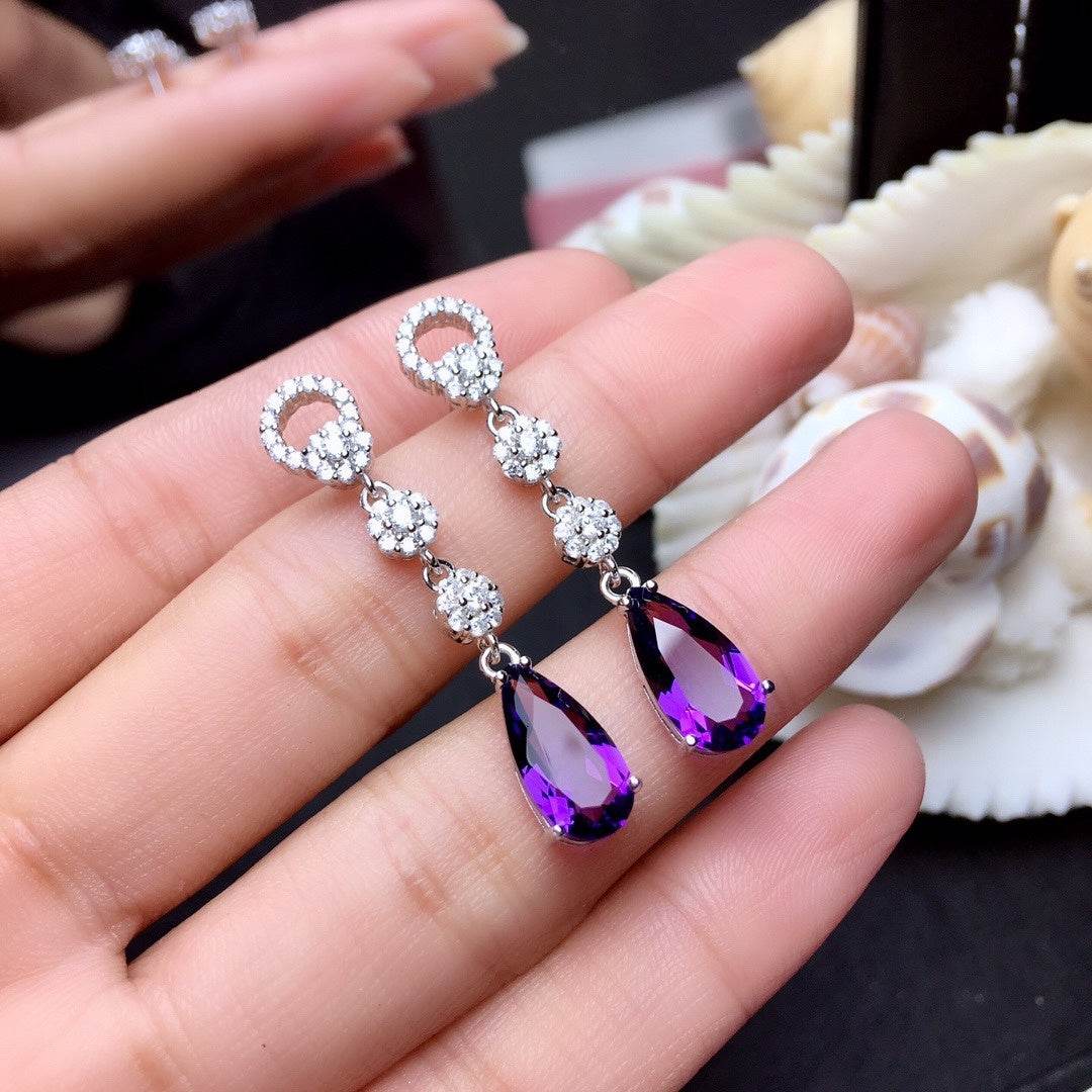 Exquisite Women's Sterling Silver Inlaid Amethyst Earrings ladys earrings Distinguished Fine Apparel