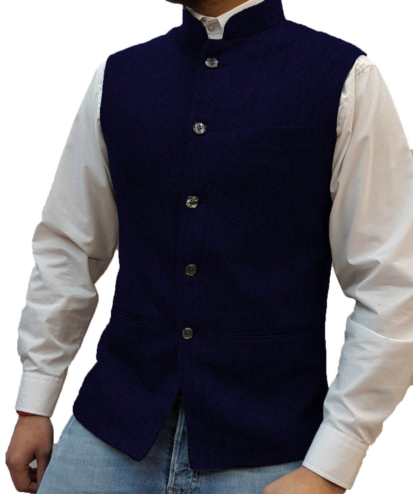Zhongshan Collar Herringbone Pattern Gentlemen's Vest - Casual or Semi Formal mens vest Distinguished Fine Apparel Navy Blue M