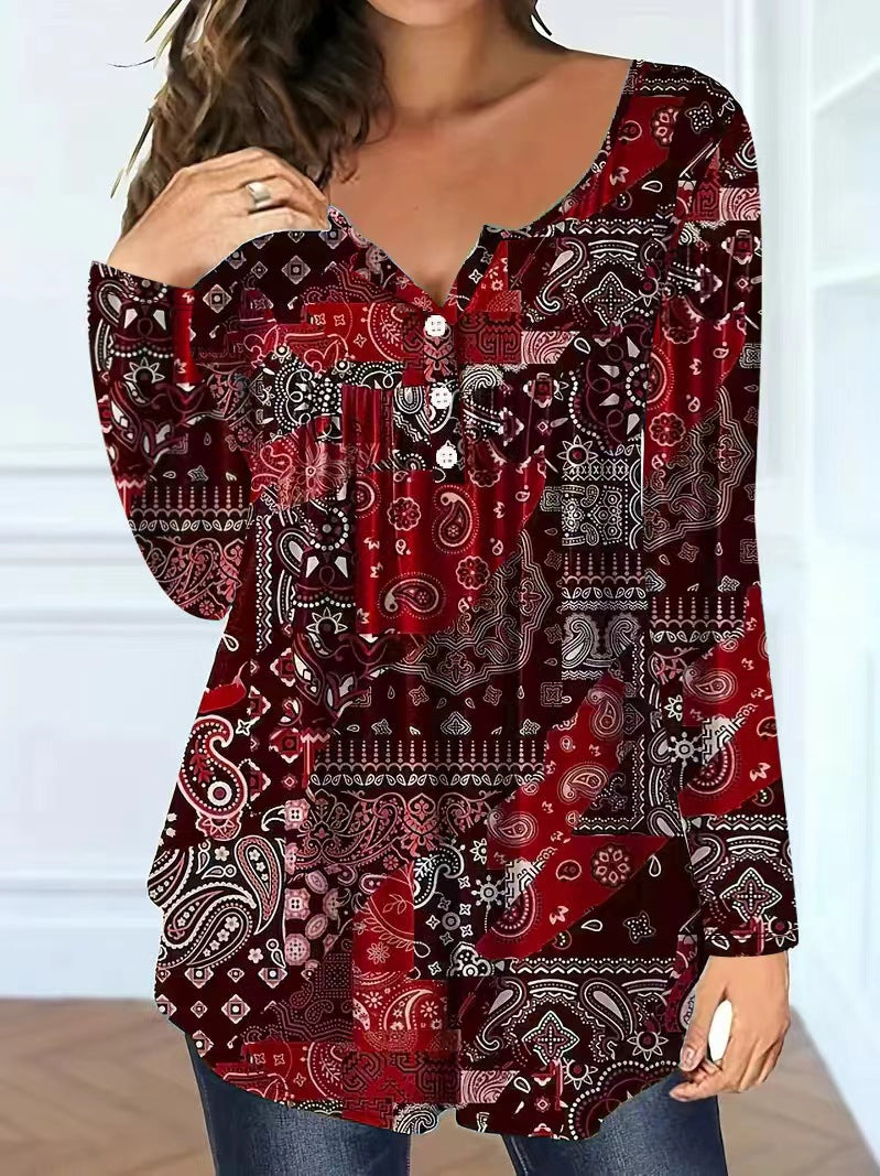 Loose-fit Buttoned V-neck Womens shirt womens shirt Distinguished Fine Apparel Red 1XL