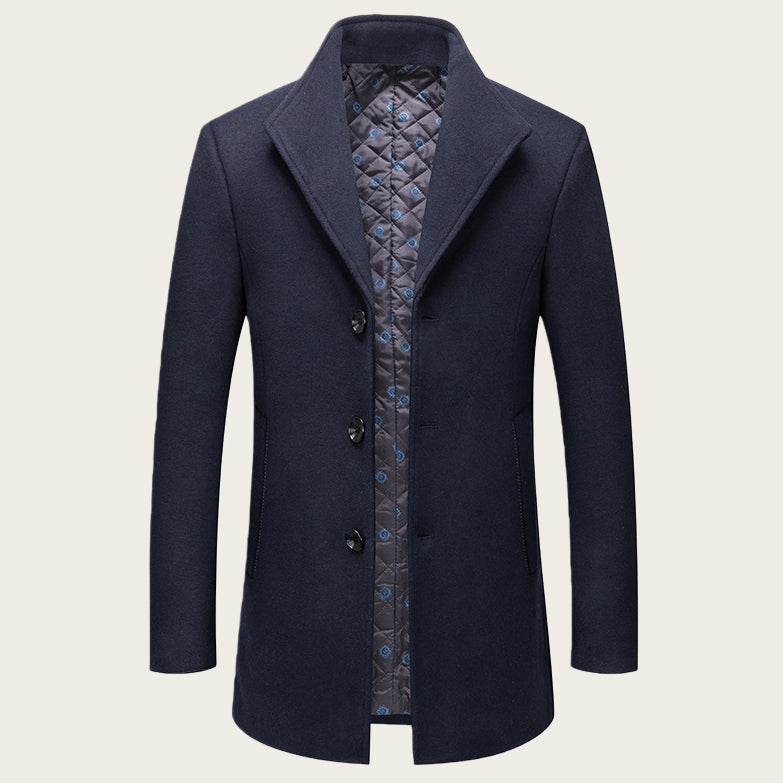 Stand-collar Cotton-lined Wrinkle-resistant Mid-length Wool Coat mens coat Distinguished Fine Apparel