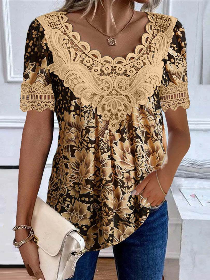Women's Garden Collar Printed Short Sleeved Top ladys tops Distinguished Fine Apparel 07style Beige S