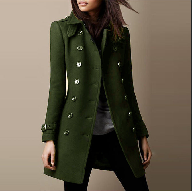 Lady's Lined Double-breasted Wool Overcoat - Elegant's For Autumn womens coat Distinguished Fine Apparel Army Green XS