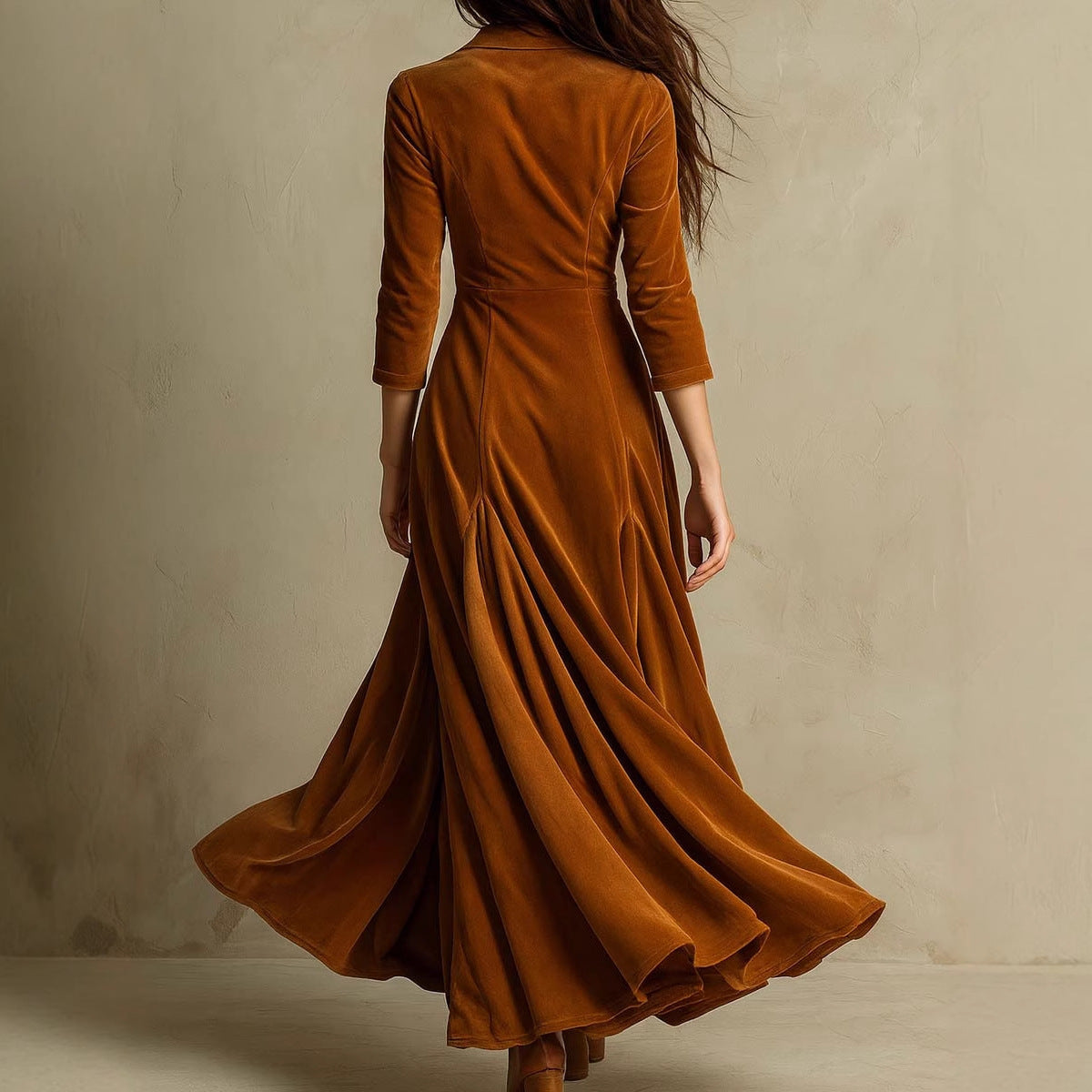 Maxi Dress - Light Brown - Buttons Lapel - 3/4 Sleeve