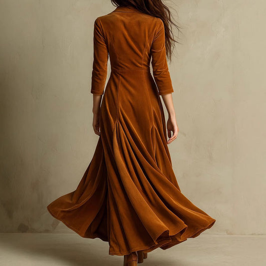 Maxi Dress - Light Brown - Buttons Lapel - 3/4 Sleeve