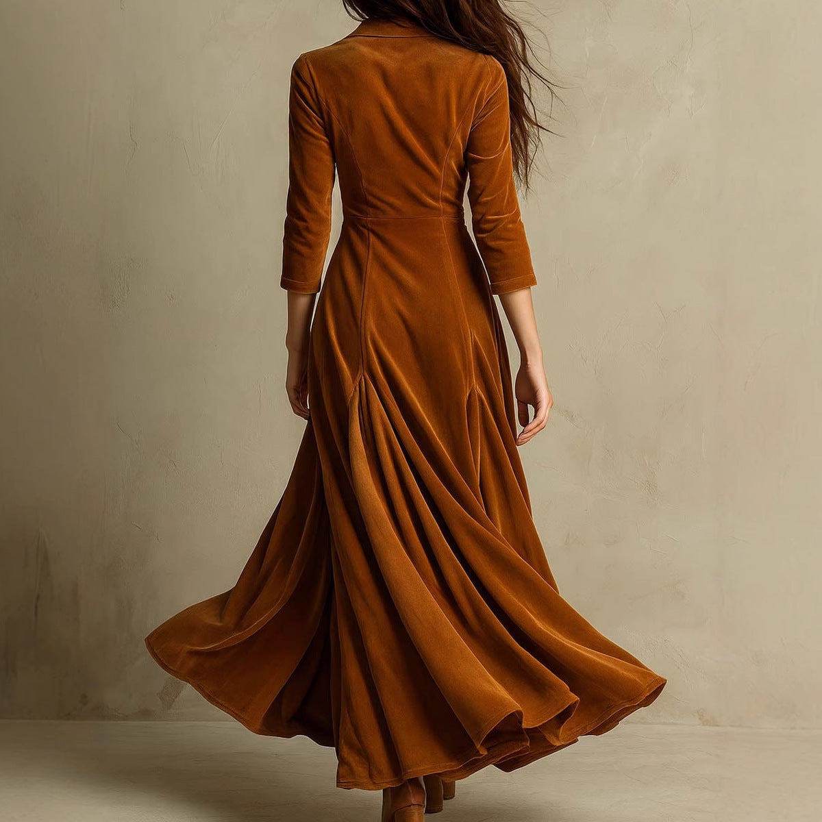 Maxi Dress - Light Brown - Buttons Lapel - 3/4 Sleeve