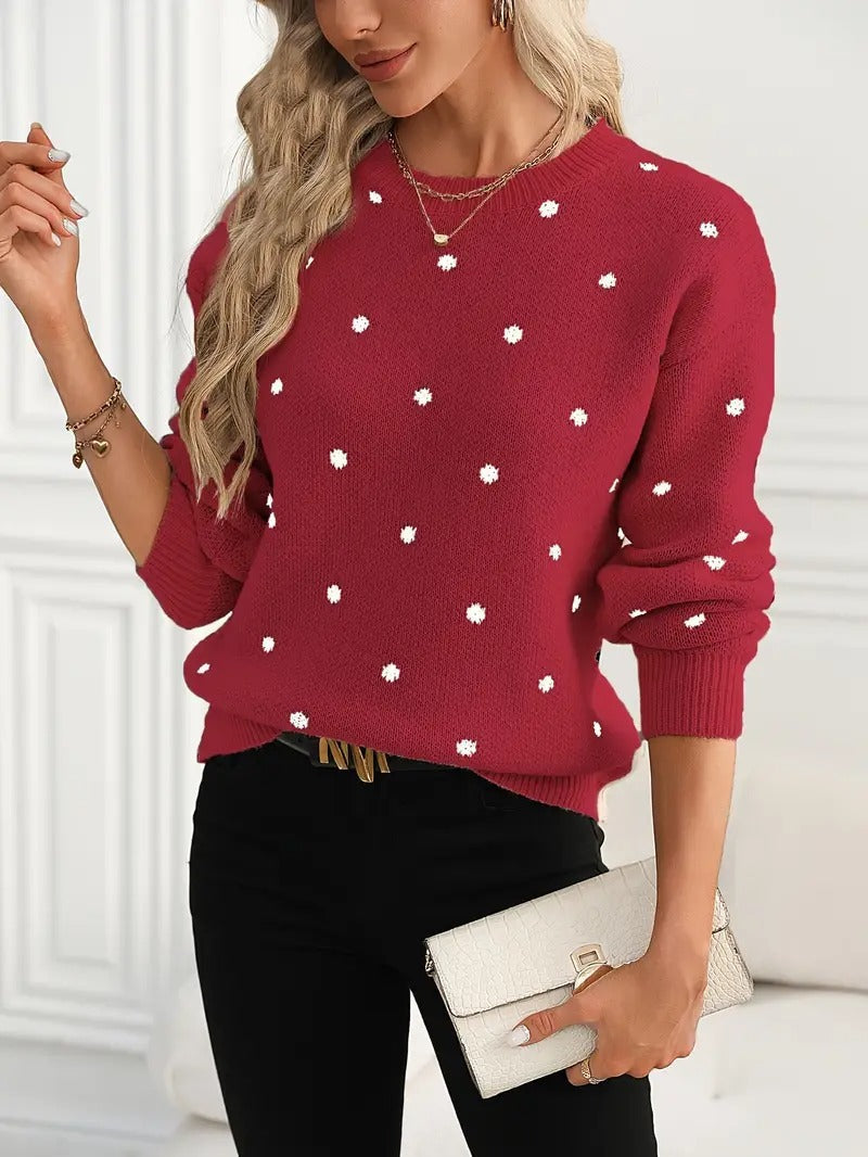 Women's Pullover Sweater Polka Dot Print Knitwear womens top Distinguished Fine Apparel Red S