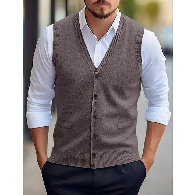 Men’s Wool Knit Sleeveless Vest – Solid Color Casual Cardigan for All Seasons gents top Distinguished Fine Apparel Camel L