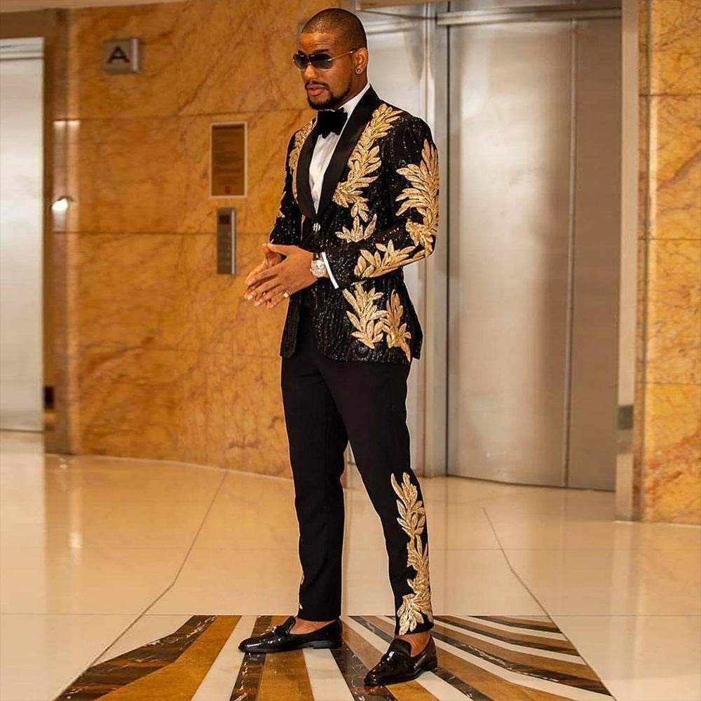 Men’s Gold Sequin Appliqué Suit Jacket – Bold Style, Spotlight Ready gents suit Distinguished Fine Apparel Black 2XL