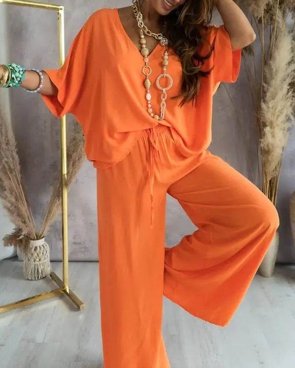 Professional Women's Bat Sleeve Top Plus Pants ladys pants Distinguished Fine Apparel Orange 2XL