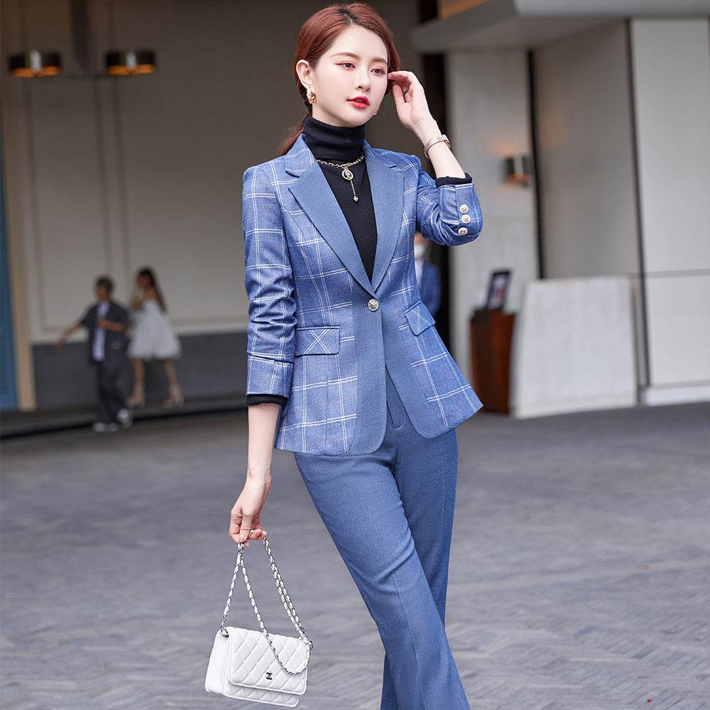 Women's Temperament Lattice Two-piece Suit - Business and Casual ladys suit Distinguished Fine Apparel Blue S