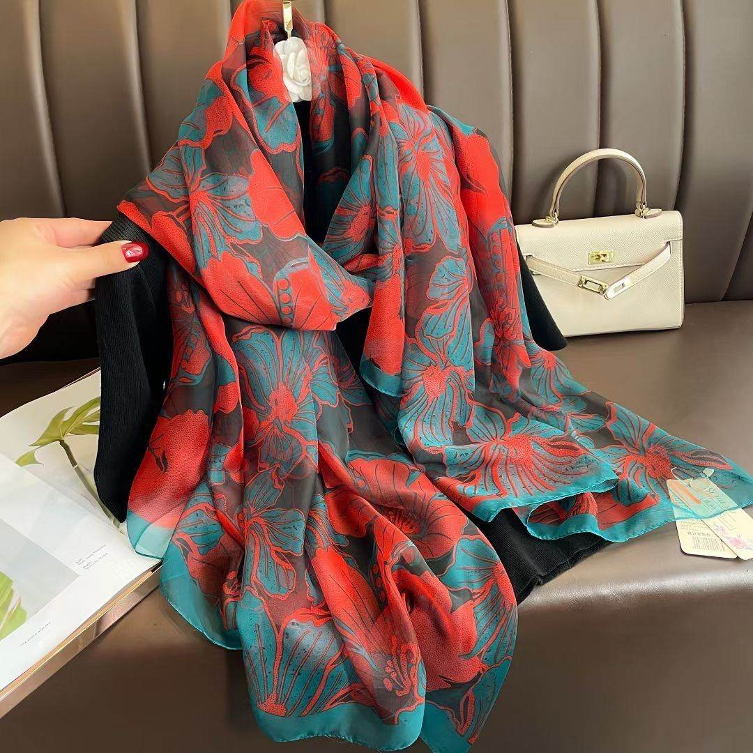 Elegant ladys Scarf - Long Elegant Vibrant ladys skafs Distinguished Fine Apparel Red Flowers And Green Leaves 180CMto130CM