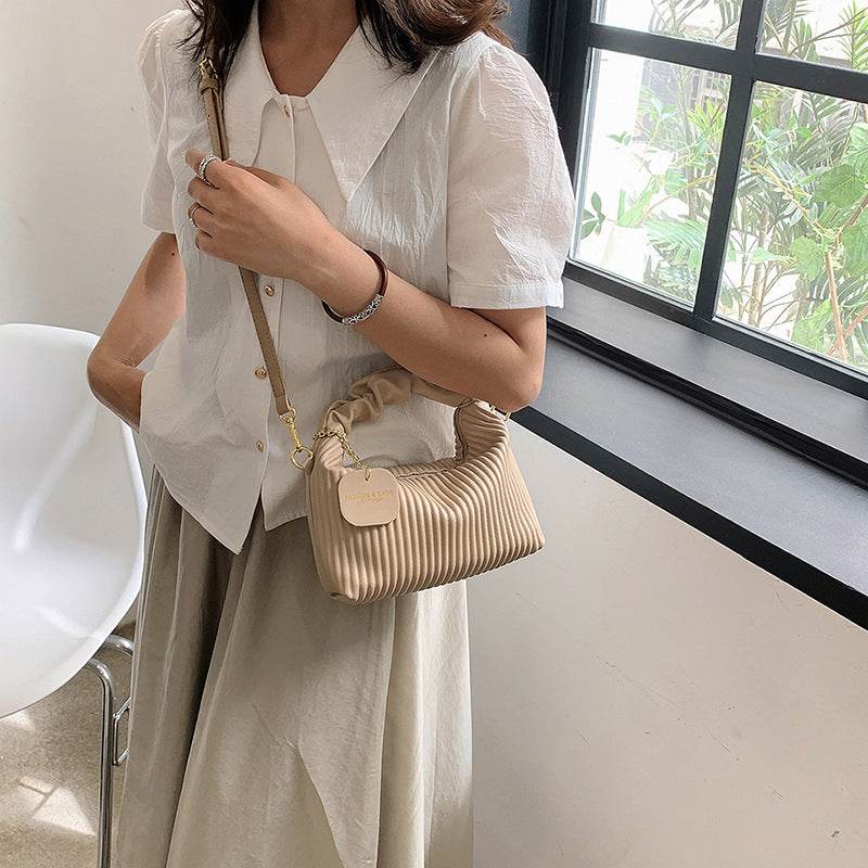 Ladies Crossbody Pleated Small Tote Bag - Casual Simple Elegant Messenger Style ladys bag Distinguished Fine Apparel Khaki