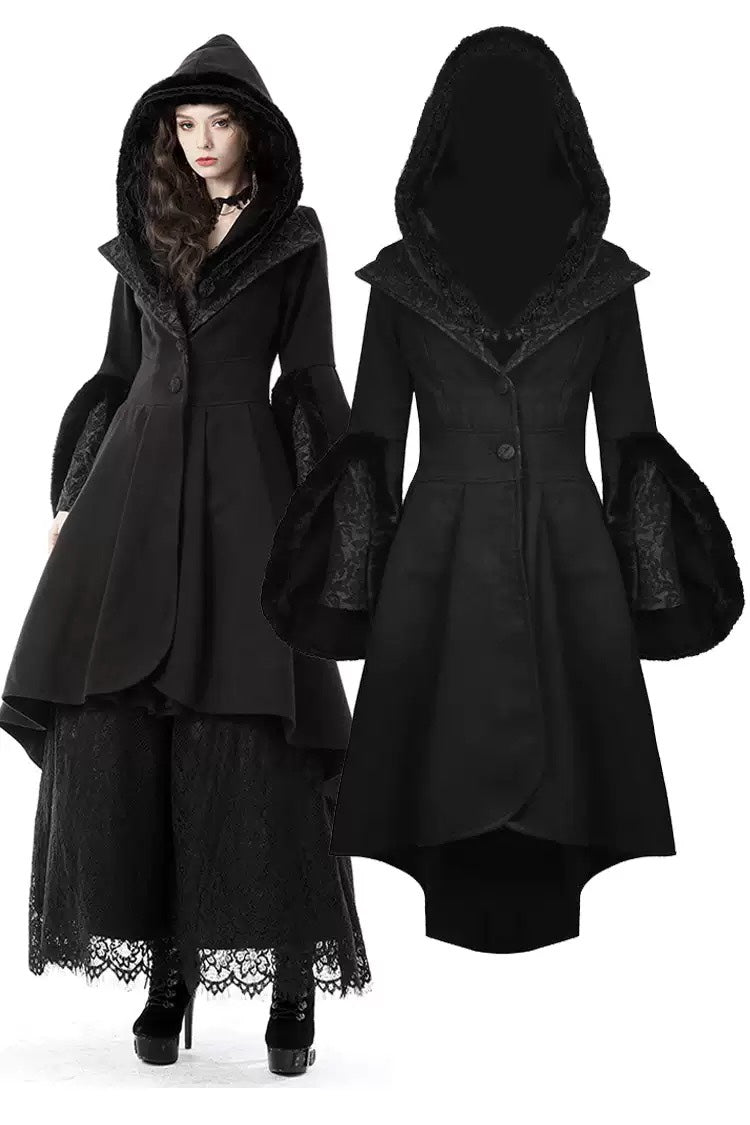 Black hooded coat with lace details on a white background