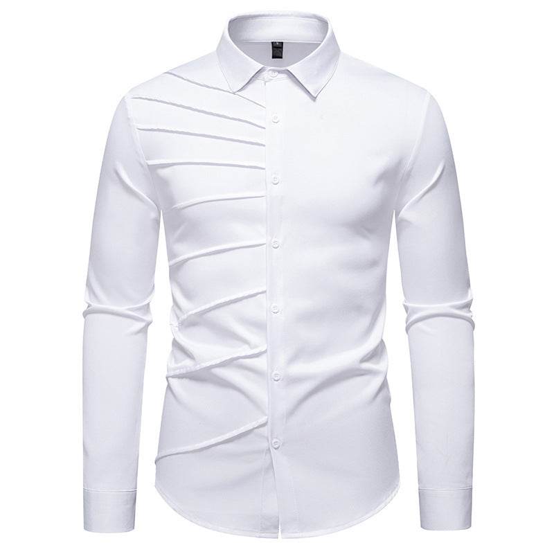 Men's Pleated Design Casual Long sleeved Shirt mens shirt Distinguished Fine Apparel White S
