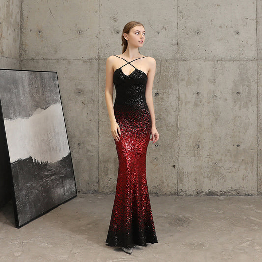 Sequin Party Dress Long Banquet Slim Fishtail Evening Dress lady's dresses Distinguished Fine Apparel Black Red Black 2XL