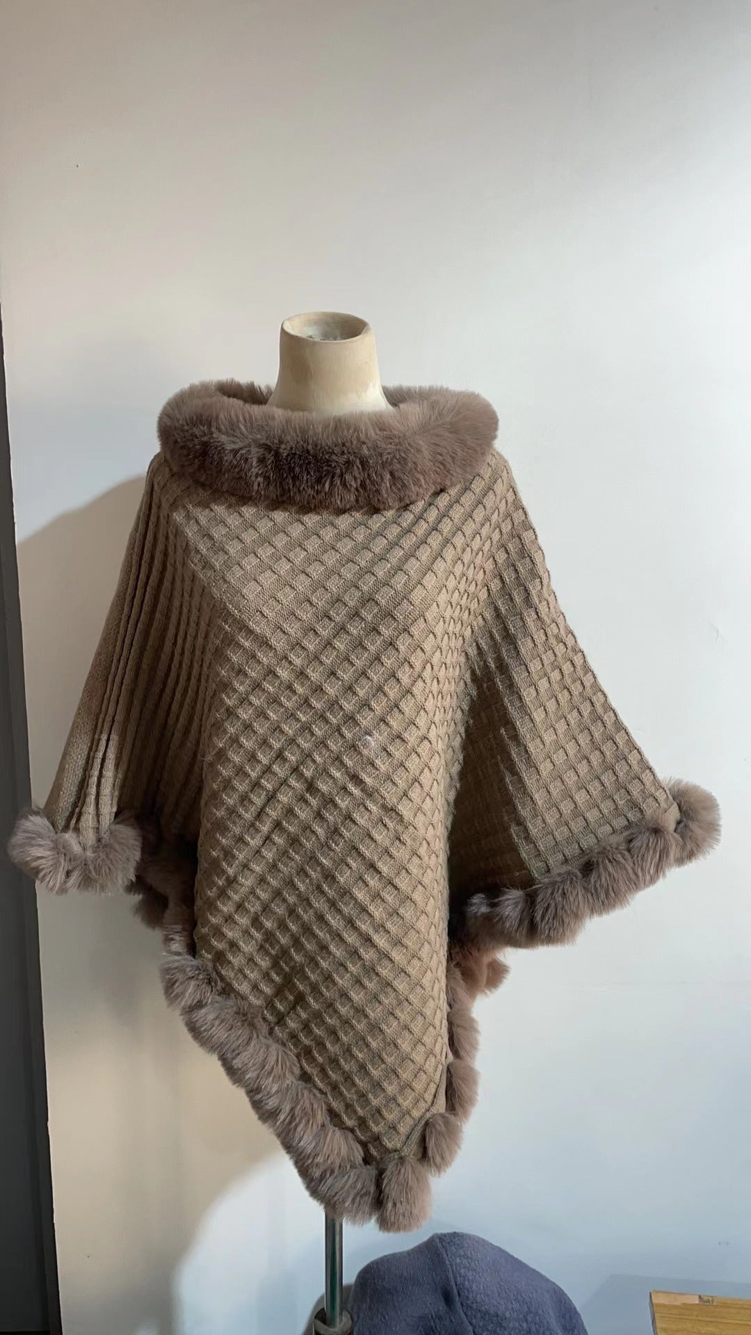 Women's Shawl Cape Luxury Rabbit Fur Collar - Graceful Cloak Outerwear lady's shawl Distinguished Fine Apparel Khaki