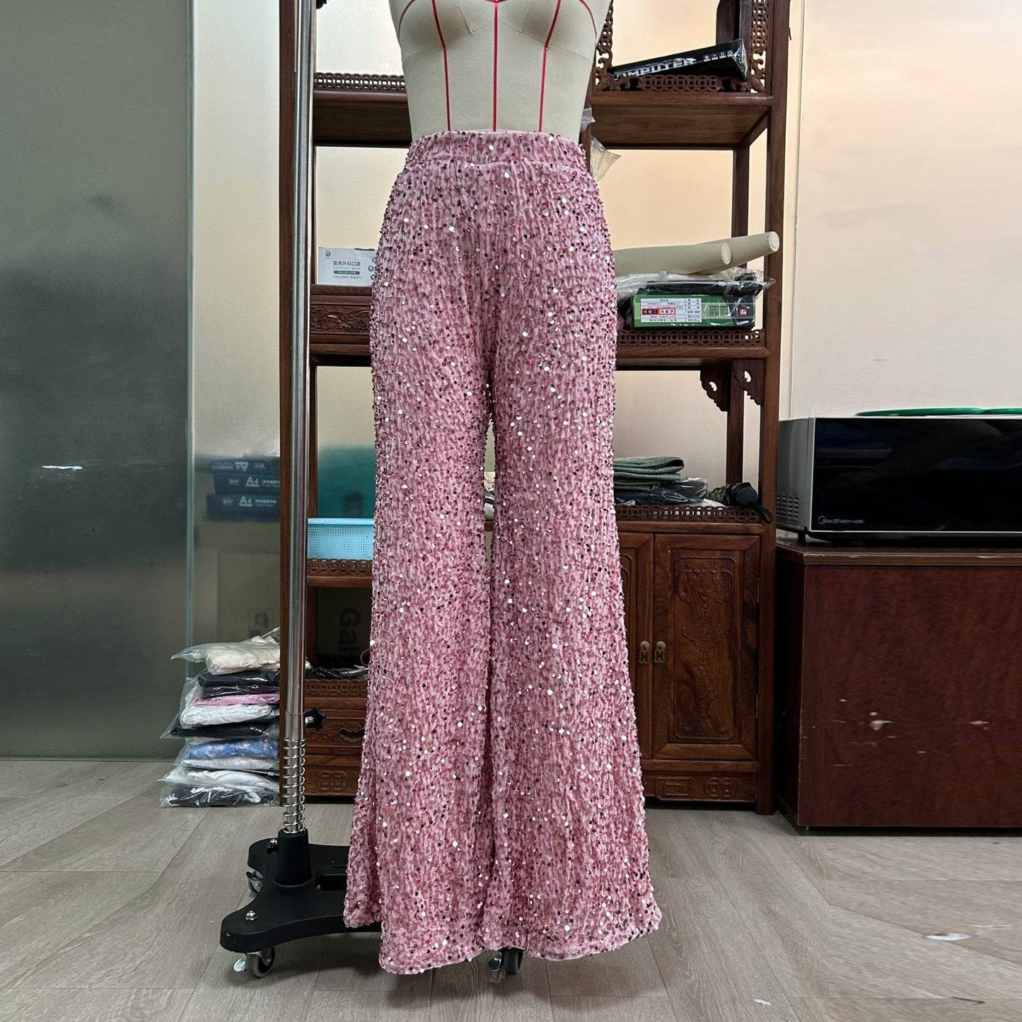 European And American Pure Sequins Fashion Pants for Women - Ladies Casual Wide-leg Pants ladys pants Distinguished Fine Apparel Pink S