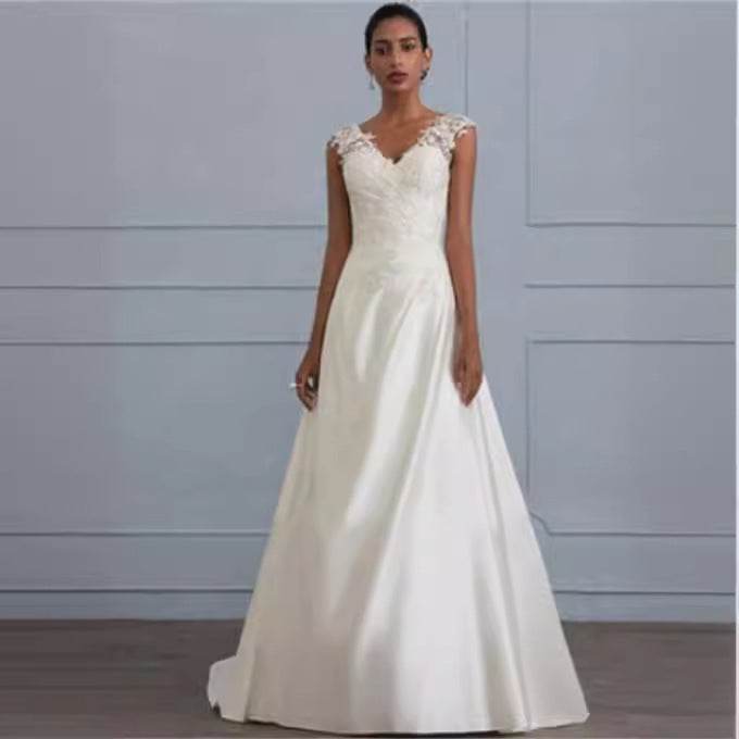 Autumn, white lace dress, European wedding bridesmaid, backless low collar long dress brides maid Distinguished Fine Apparel