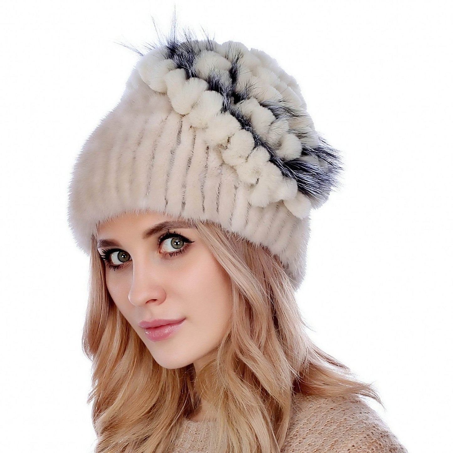 Women's Autumn And Winter Mink Woven Fox Fur Hat womens hats Distinguished Fine Apparel Beige Adjustable